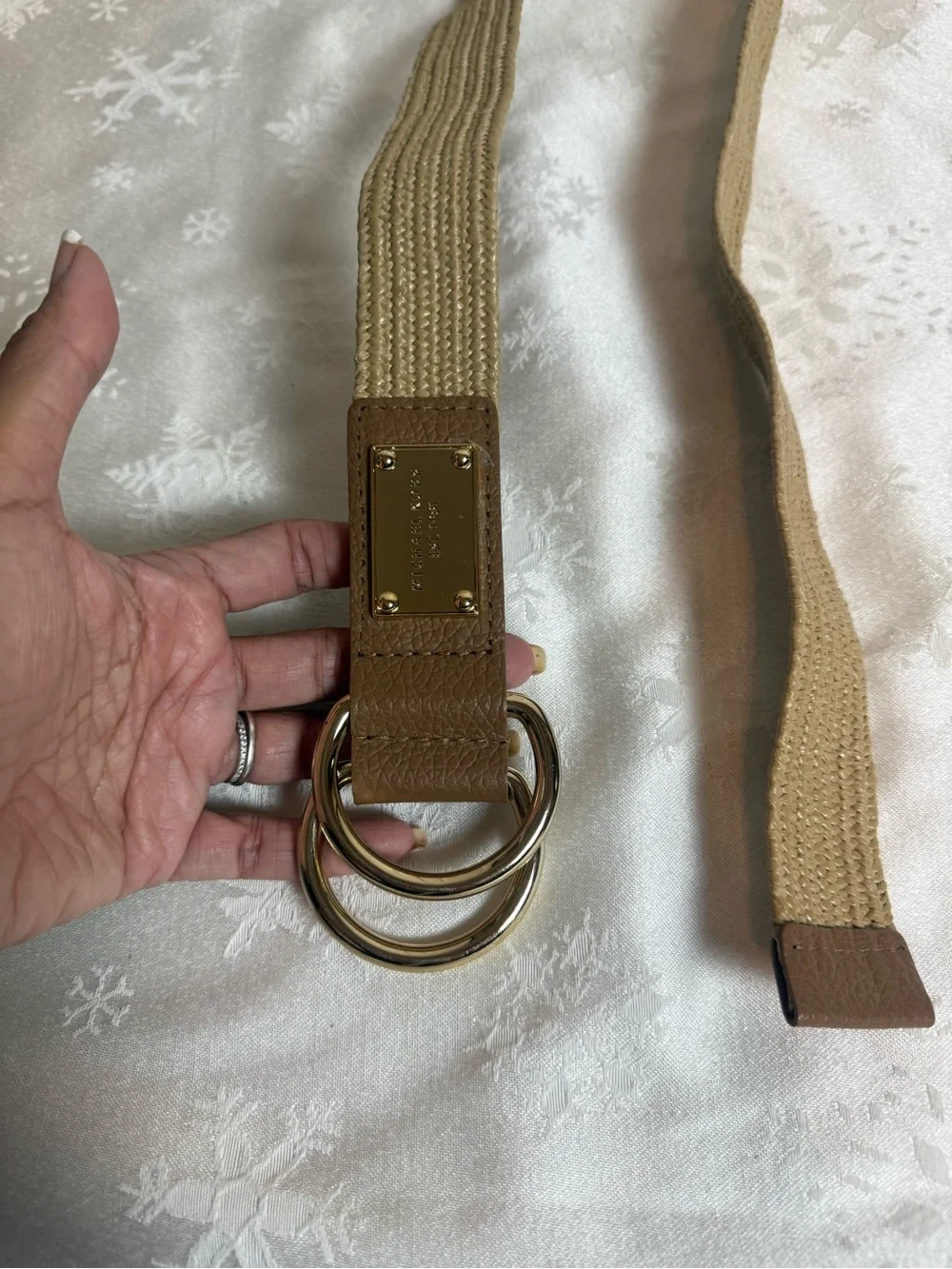 Michael Kors M/L Tan Woven Stretch Leather Belt Gold Double Ring Y2K Boho